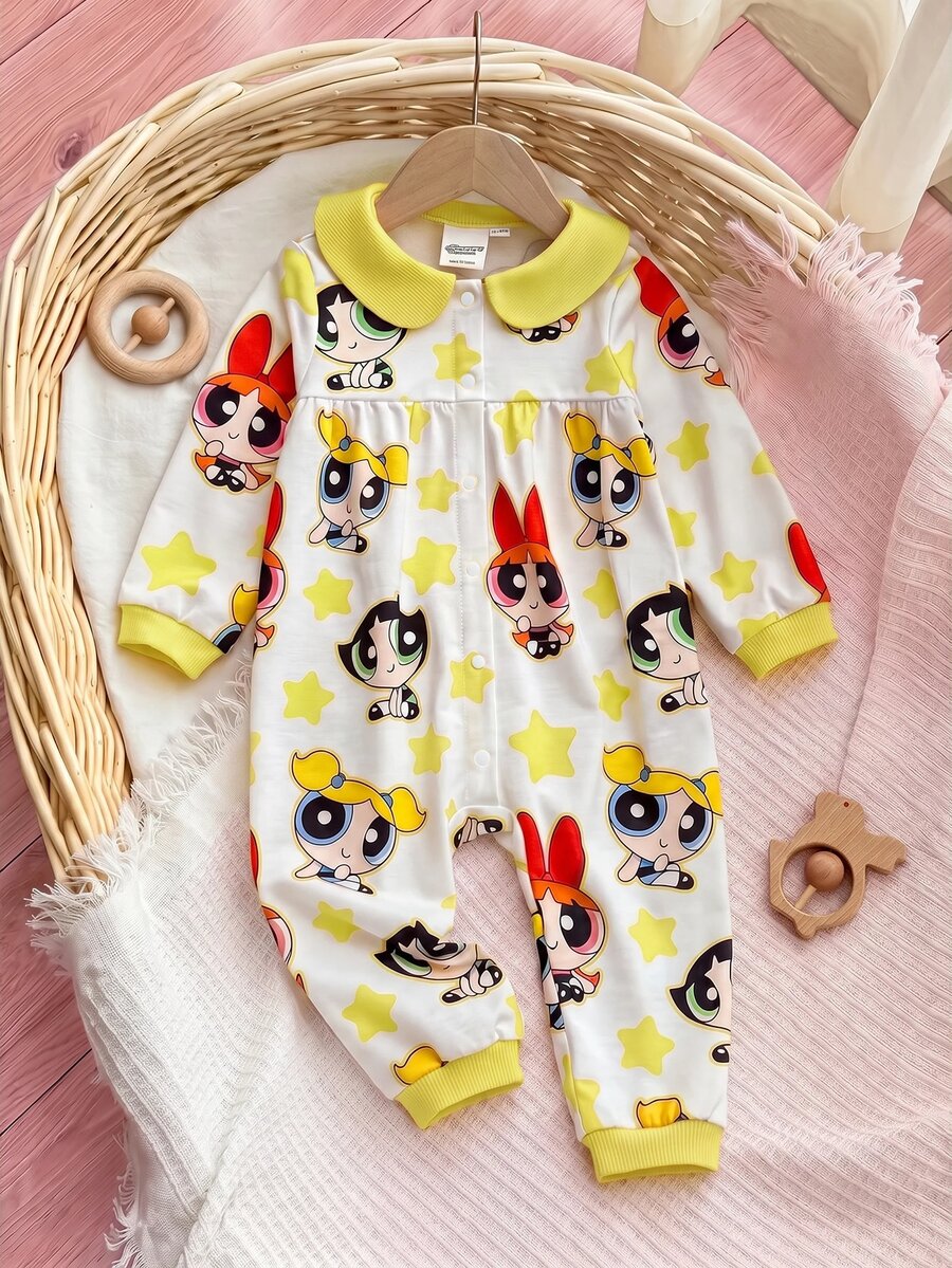 THE POWERPUFF GIRLS X SHEIN 女嬰卡通印花彼得潘領長袖連身衣 - 黃色 - 查看 1
