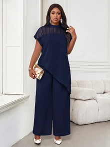 SHEIN Lady Plus Size Women High Neck Short Sleeve Top Office Semi Formal Party Semi Formal Navy Blue Spring Elegant - Navy Blue - View 3