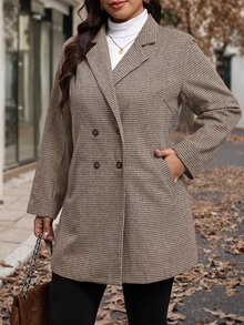 Chikora Plus Size Women's Houndstooth Lapel Neck Long Sleeve Double-Breasted Blazer - Brown - View 5