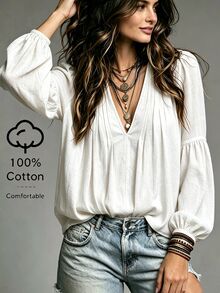SHEIN 奶油白水洗紋理布料深V領雙面多褶皺肩部微花瓣袖拼接抓皺寬鬆燈籠中袖A字喇叭上衣 - 白色 - 查看 5