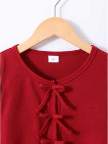 SHEIN Sparklyn 2pcs/Set Girls' Spring/Autumn Casual Knit Ribbed Bow Decor Cardigan Top And Printed Spaghetti Strap Simple Dress Vacation Style Outfit - Multicolor - View 4