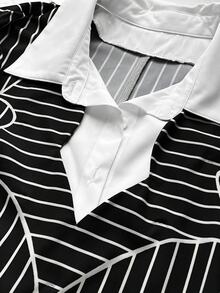 Mawevolt Preppy Style Youthful Mid-Length Blue & White Vertical Striped Loose Batwing Sleeve Shirt Dress Fall - Black and White - View 7