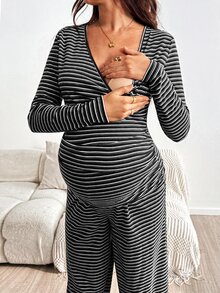 SHEIN 孕婦哺乳V領長袖上衣與長褲條紋兩件套 秋季 - 深灰色 - 查看 5