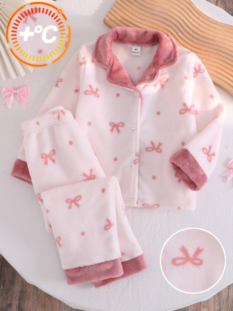 2pcs Girls Comfortable Soft Fluffy Bow Print Pattern Turn Collar Button Front Long Sleeve Long Pants Pajama Set - Dusty Pink - View 1