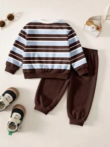 Young Boys Loose Sports Casual Comfortable Long Sleeve Sweatshirt And Pants 2 Pieces Set, Classic Retro Striped Color Block Print, Suitable For Autumn/Winter - Multicolor - View 3
