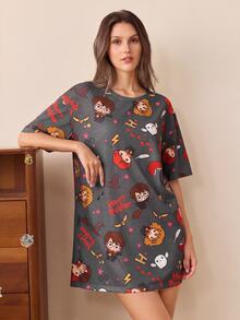 HARRY POTTER X SHEIN Women's Simple Cartoon Print Short Sleeve Nightgown - Dark Grey - View 6