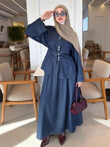 Solavon Setelan Kasual 2 Potong Wanita: Kemeja Lengan Panjang Kancing Tunggal dan Rok Warna Polos - Biru - View 4