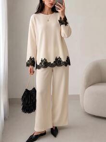 Feyla Women's Contrast Lace Drop Shoulder Long Sleeve Top And Straight Leg Pants 2 Pieces Set - Apricot - View 3