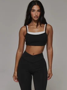 Musera Sport Double Layered Contrast Colour Sport Logo Fitted Sports Bra Coord Top Only Sport Essentials Basics Gym Workout Autumn Fall Winter - Black - View 2