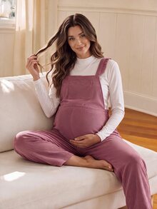 SHEIN Maternity Corduroy Pink Straight Leg Overalls With Wide Strap Frill Trim Front Pockets Adjustable Back Buckles Cute Loose Fit Casual Fall - Pink - View 1