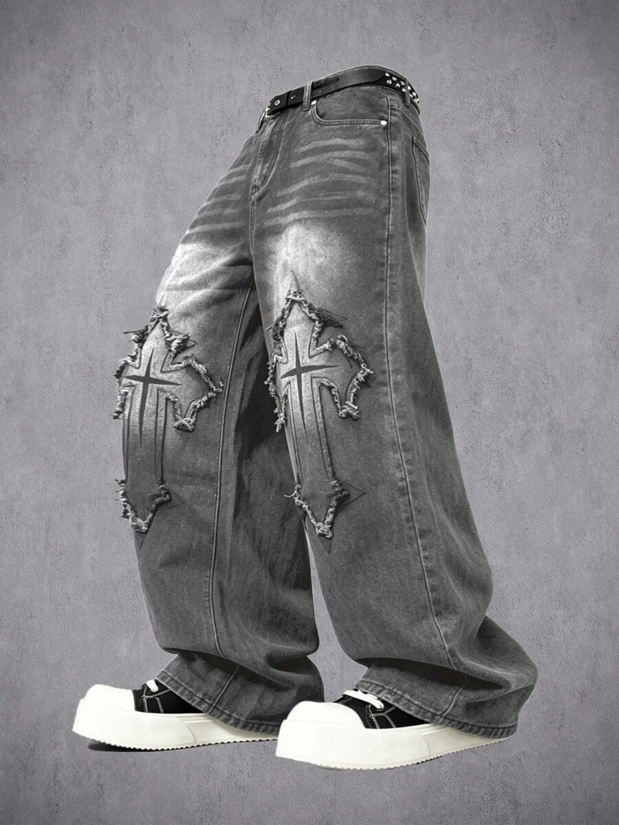 Manfinity Denimwave 男士街頭風哥德式十字印花黑白對比牛仔喇叭褲 - 淺灰色 - 查看 1