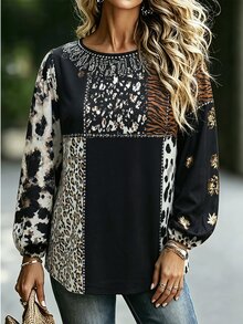 Linhara CURVE Bohemian Patchwork Leopard Print Iron-On Women's Vintage Loose Casual Long Sleeve Shirt Fall - Black - View 3