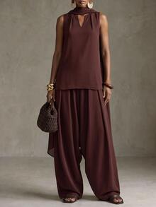 Zivah Women's Solid Color Top And Long Pants Casual Daily Set - Rust Brown - View 10