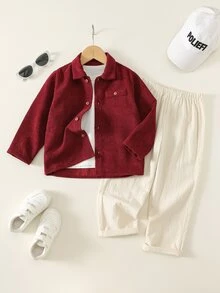 SHEIN 2件組兒童小男孩服飾拼色條紋貼袋翻領長袖鈕扣襯衫與長褲套裝，適合日常穿著與節日派對 - 彩色 - 查看 6