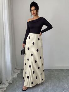 Elenzga Gaun Lengan Panjang Wanita Elegan dengan Bahu Asimetris dan Motif Polkadot Patchwork - Hitam dan Putih - View 6