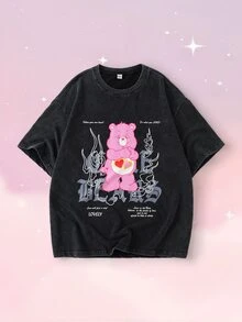 SHEIN X Care Bears تي شيرت رجالي بياقة دائرية وأكمام قصيرة مطبوعة - الأسود - مشاهدة 3