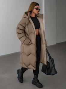 EURMUSE Women Solid Color Contrast WhiteColor Lining Detailed Long Winter Coats - Cream - View 4