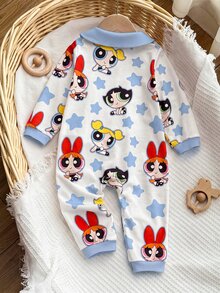 THE POWERPUFF GIRLS X SHEIN 女嬰卡通印花休閒日常穿著連身褲 - 藍色 - 查看 2