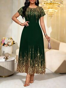 SHEIN Lady Plus Size Women's Dark Green Foil Casual Elegant Party Formal Dinner Dress Wedding Summer - 墨綠色 - 查看 1