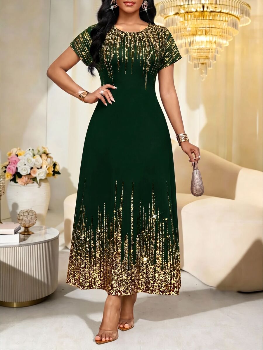 SHEIN Lady Plus Size Women's Dark Green Foil Casual Elegant Party Formal Dinner Dress Wedding Summer - 墨綠色 - 查看 1