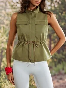 Exploreva Women's Solid Color Utility Pocket Casual Drawstring Waist Outdoor Vest Jacket - Army Green - View 4