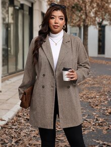 Chikora Plus Size Women's Houndstooth Lapel Neck Long Sleeve Double-Breasted Blazer - Brown - View 3