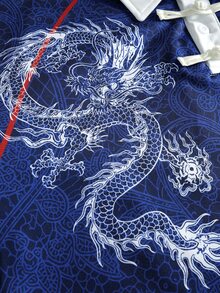 ROMWE MEN Chinese Style Blue And White Porcelain Dragon Digital Print Long Sleeve Polo Shirt T-Shirt, New Chinese Style Stand Collar Frog Button Contrast Color Raglan Loose Fit Unisex Retro Brand Top - Blue - View 4
