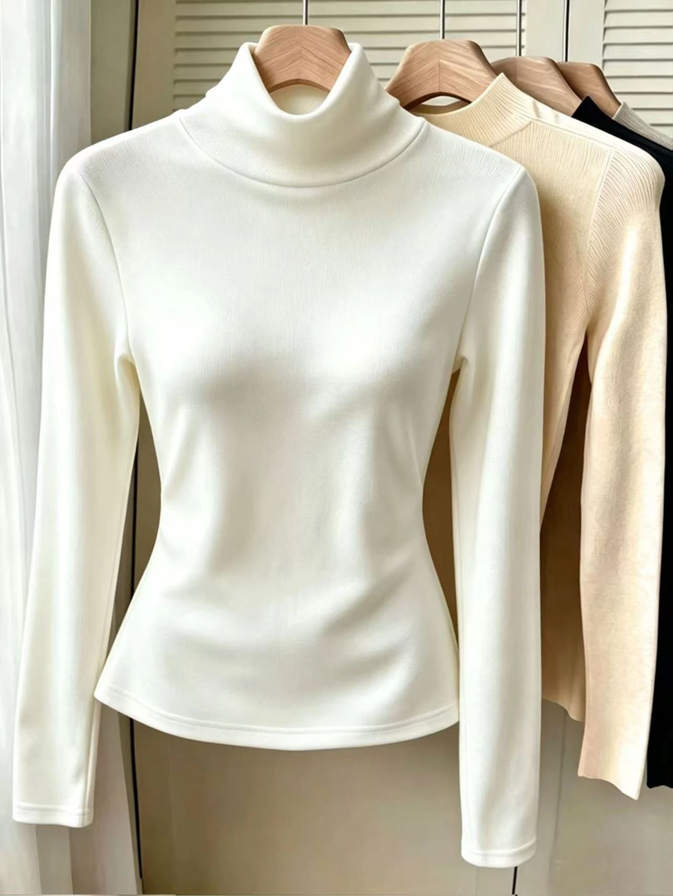 Resyla Women's High Neck Long Sleeve Solid Color Knit T-Shirt, Spring/Autumn - White - View 1