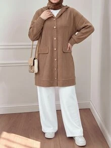 Lacomfia Women's Hooded Long Sleeve Loose Textured Jacquard Casual Versatile Autumn/Winter Plus Size Jacket - Khaki - View 7