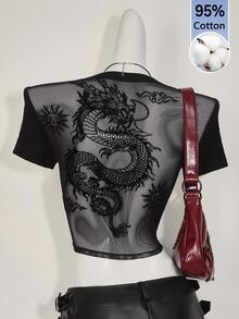 SHEIN ICON Y2K 女款萬聖節網紗露背短版上衣 透視黑色街頭風哥德性感龍圖案休閒日常短袖T恤 - 黑色 - 查看 1