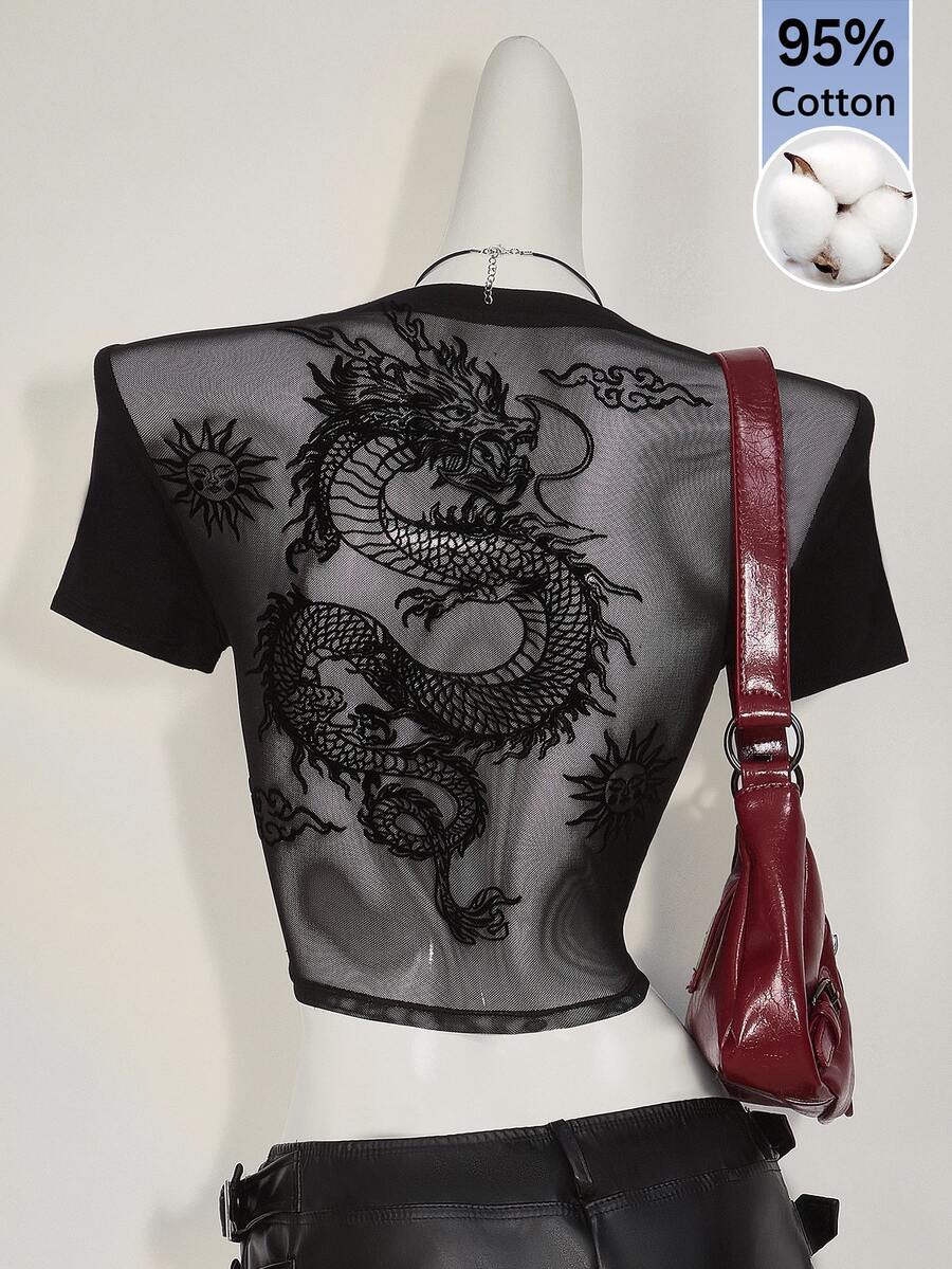 SHEIN ICON Y2K 女款萬聖節網紗露背短版上衣 透視黑色街頭風哥德性感龍圖案休閒日常短袖T恤 - 黑色 - 查看 1
