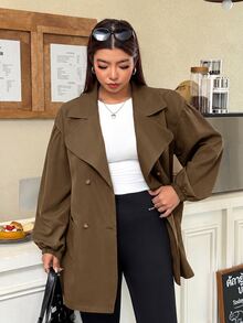 Muchica Mantel Trench Kerah Lapel Warna Khaki Ukuran Besar Wanita - Khaki - View 9