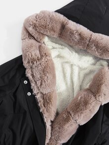SHEIN CURVE+ معطف باركا شتوي مبطن بفرو تيدي مع خصر مشدود وغطاء رأس - الأسود - مشاهدة 2