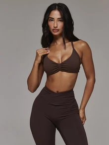 Musera Sport Ruched Bust Logo Side Detail Cross Strap Back Coord Sports Bra Only Sport Essentials Basics Autumn Fall Winter - Coffee Brown - View 1
