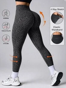 SHEIN Core Rhythm 女款豹紋交叉腰緊身運動內搭褲 - 灰色 - 查看 1