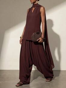 Zivah Women's Solid Color Top And Long Pants Casual Daily Set - Rust Brown - View 5