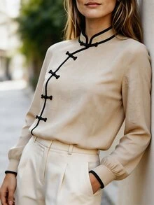 Balvessa Women's Casual New Chinese Style Frog Button Design Contrast Trim Long Sleeve Shirt - Khaki - View 6