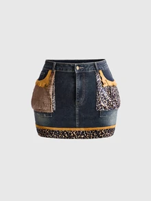 ROMWE J-Fashion Plus Size Y2K Vintage Leopard Print Faux Fur Patchwork Denim Mini Skirt - Blue - View 1