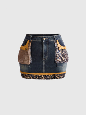 J-Fashion Plus Size Y2K Vintage Leopard Print Faux Fur Patchwork Denim Mini Skirt