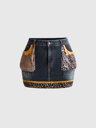 J-Fashion Plus Size Y2K Vintage Leopard Print Faux Fur Patchwork Denim Mini Skirt