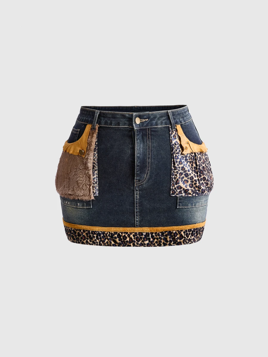 ROMWE J-Fashion Plus Size Y2K Vintage Leopard Print Faux Fur Patchwork Denim Mini Skirt - Blue - View 1