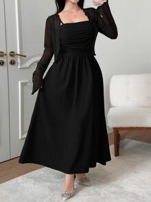 Feyla Plus Size Women Solid Color Pleated Cami Dress And Cardigan Casual 2 Pieces Set - Black - View 4