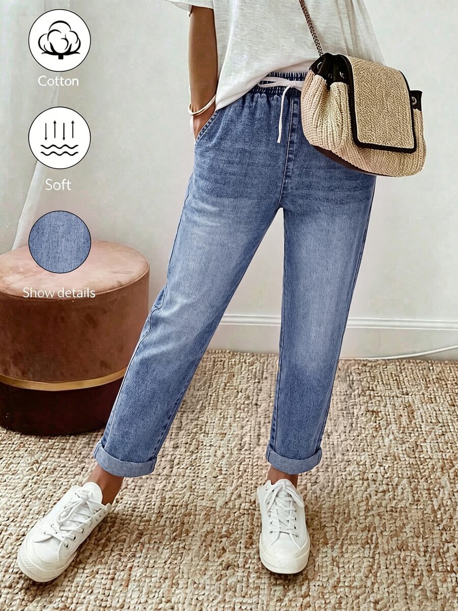 Balvessa Fall Casual Vintage Straight Leg Stretchy Drawstring Cuffed Blue Denim Daily Wear Jeans For Women - Light Wash - View 1