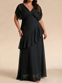 SHEIN BAE CURVE Gaun Pinggang Tinggi Kerah V Lengan Kelelawar dengan Keliman Asimetris - Hitam - View 2
