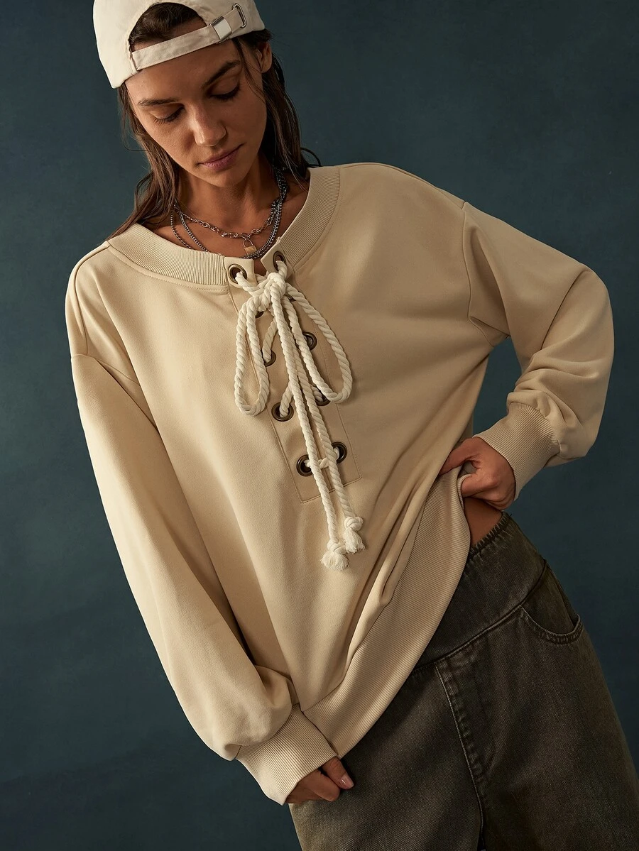 Bohemela Women's Round Neck Drawstring Tie Long Sleeve Solid Color Sweatshirt Everyday Beige Autumn Casual Streetwear - Apricot - View 1