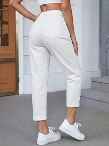 Slaydiva Plus Size Women's High Waist Pocket Tapered Casual Versatile Denim Jeans - Blue - View 11