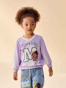 Blippi X SHEIN Young Girl V-Neck Long Sleeve Striped Cartoon Pattern Letter Print Sweatshirt - Purple - View 5