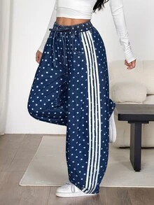 Muchica 女款休閒寬鬆弧形腿條紋牛仔褲，秋冬女裝，運動休閒百搭時尚牛仔褲，派對，秋季穿搭 - 藍色 - 查看 7