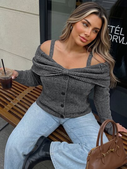 Vionelle Plus Size Solid Color Off-Shoulder Knit Sweater, Women's Long Sleeve Front Large Bow Thin Strap Button-Down Loose Casual Knit Top, Autumn/Winter