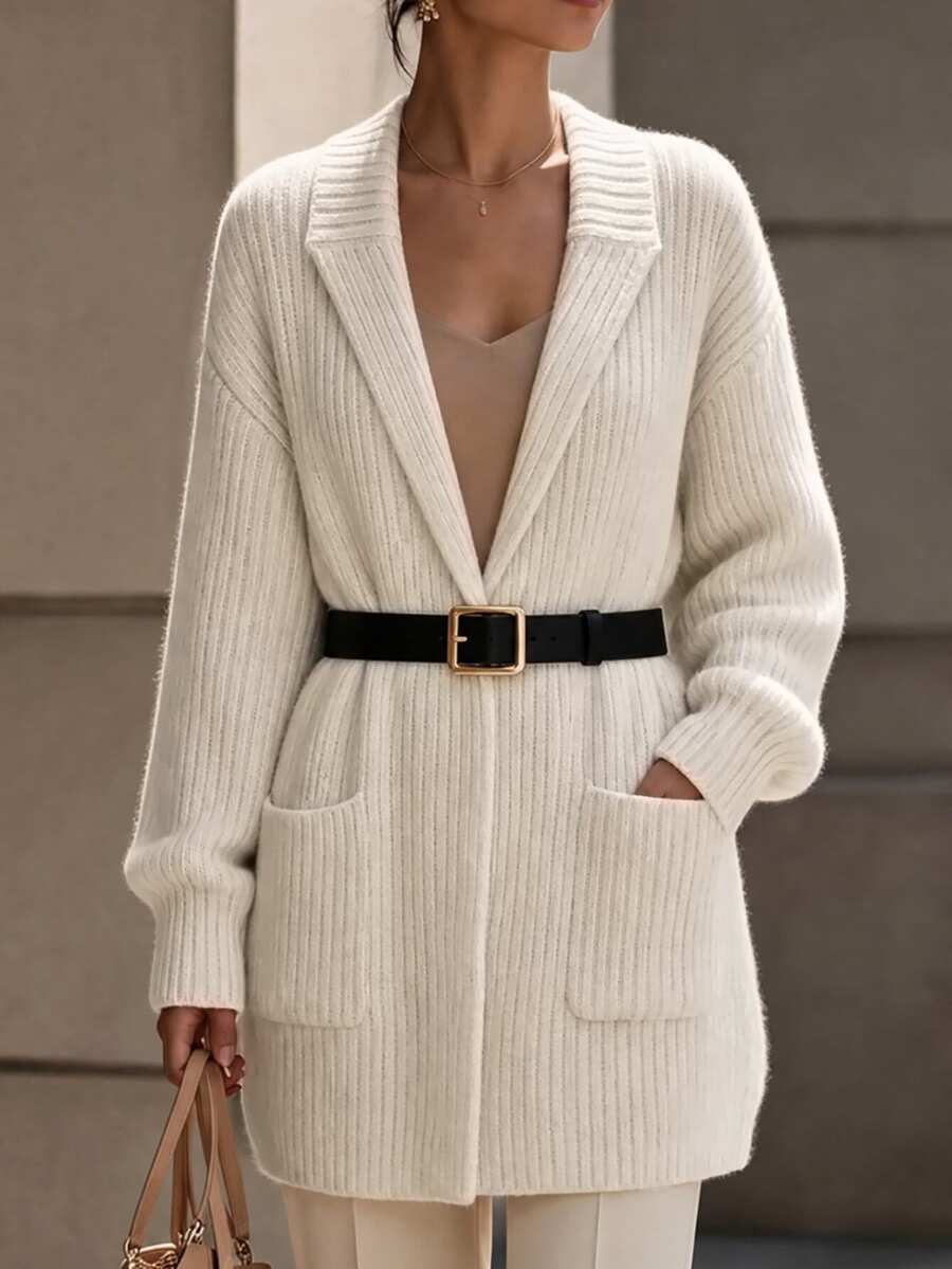 SHEIN Cardigan Wanita Serbaguna Minimalis dengan Kerah Lipat, Model Kancing Depan, Cocok untuk Semua Gaya